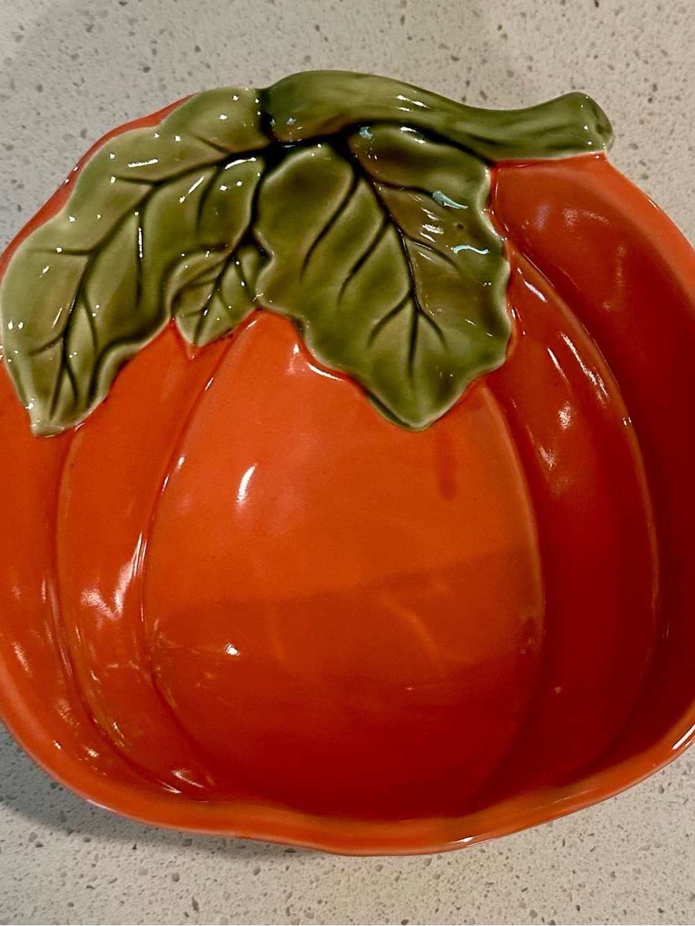 Glazed Ceramic Pumpkin Bowl with Green Leaf Accent - Orange